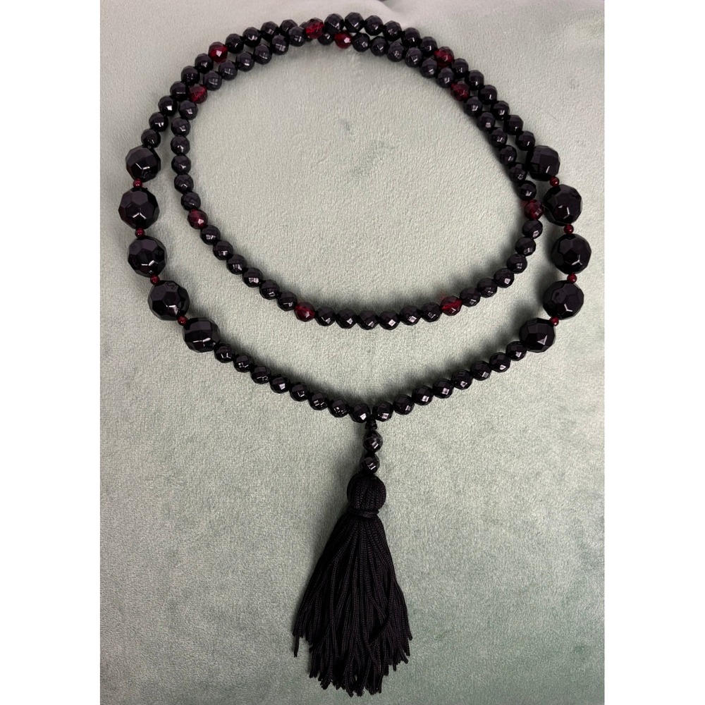 Long Faceted Black Red Beaded Tassel Necklace Bohemian Statement Jewelry P217